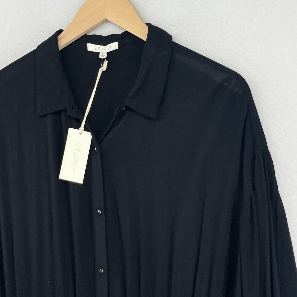 Z SUPPLY Dress L Tanya Maxi 3/4 Sleeve Pleated Smocked Button Front Black NEW - Picture 6 of 14